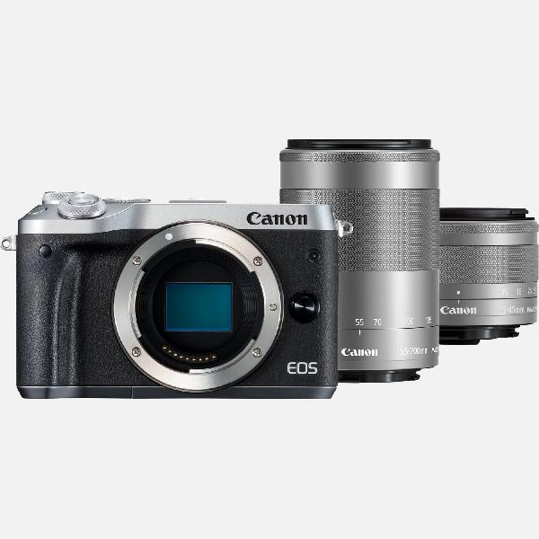 Canon EOS M6 zilver + EF-M 15-45mm IS STM-lens + EF-M 55-200mm IS STM-lens grafiet