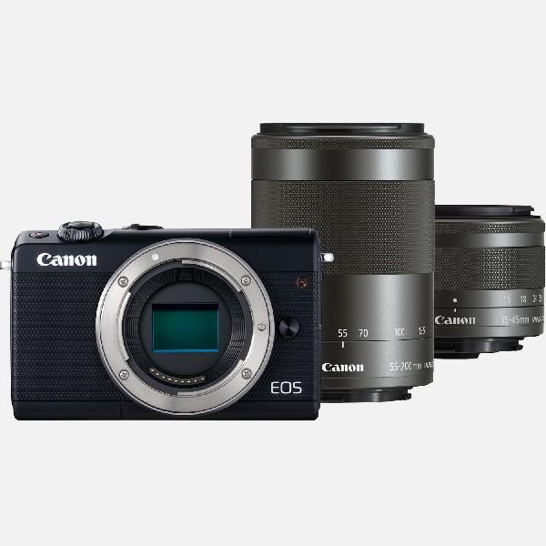 Canon EOS M100 zwart + EF-M 15-45mm IS STM-lens zwart + EF-M 55-200mm IS STM-lens zwart