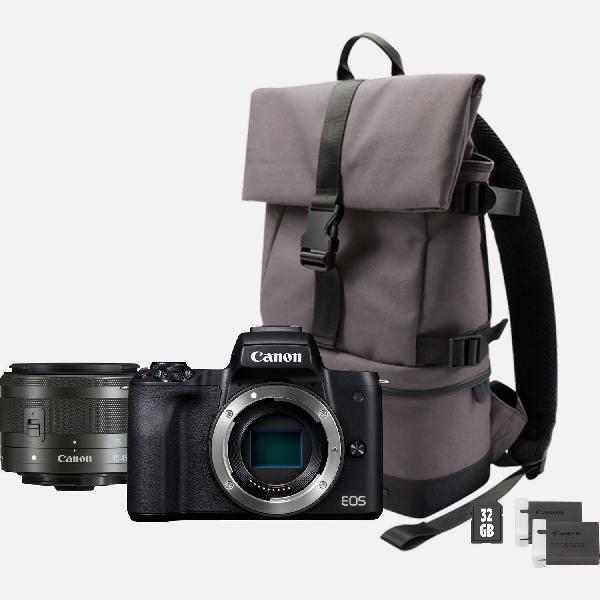 Canon EOS M50, zwart + EF-M 15-45mm IS STM + backpack + SD-kaart + reserveaccu