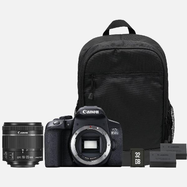 Canon EOS 850D-camera + EF-S 18-55mm IS STM-lens + backpack + SD-kaart + reserveaccu