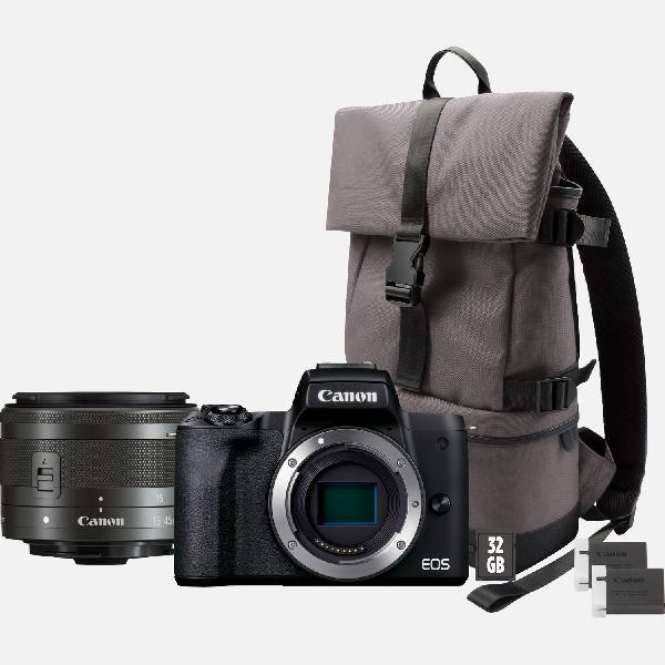 Canon EOS M50 Mark II-systeemcamera, zwart + EF-M 15-45mm IS STM-lens + backpack + SD-kaart + reserveaccu