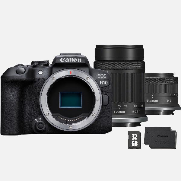 Canon EOS R10-systeemcamera + RF-S 55-210mm-lens + RF-S 18-45mm-lens + SD-kaart + reserveaccu