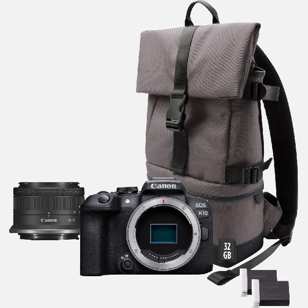 Canon EOS R10-systeemcamera + RF-S 18-45mm F4.5-6.3 IS STM-lens + backpack + SD-kaart + reserveaccu