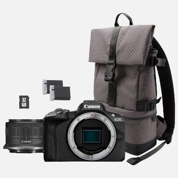 Canon EOS R50-systeemcamera, zwart + RF-S 18-45mm F4.5-6.3 IS STM-lens + backpack + SD-kaart + reserveaccu