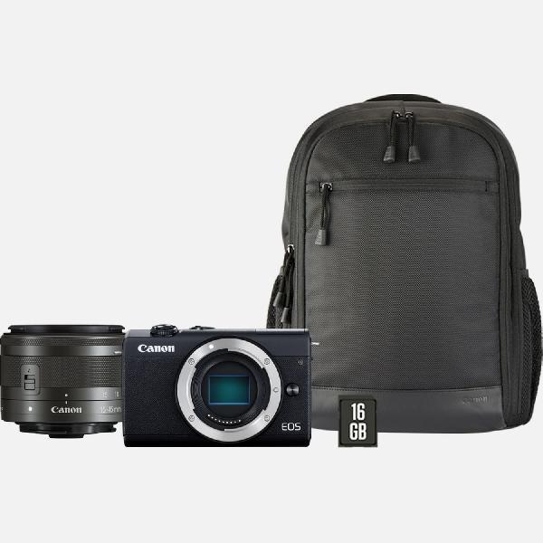 Canon EOS M200 + EF-M 15-45mm-lens + backpack + SD-kaart