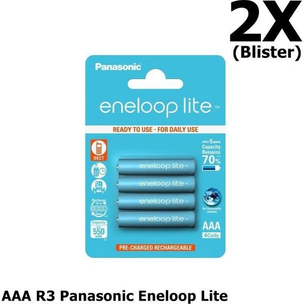 8 Stuks (2 Blisters a 4st) - AAA R3 Panasonic Eneloop Lite 1.2V 550mAh Oplaadbare Batterijen - Speciaal voor dect telefoons, Tot 3000 laadcycli - Blisterverpakking