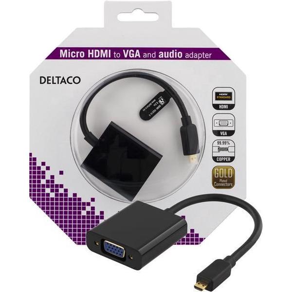 DELTACO HDMI-VGA16-K, Micro HDMI naar VGA adapter met audio, zwart, 3,5mm
