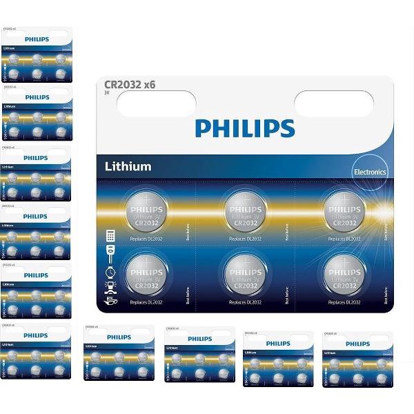 60 Stuks (10 blisters a 6st) - 6-Pack Philips CR2032 3v lithium knoopcelbatterij