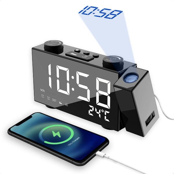 M.Y.© Digitale 3 in 1 Wekkerradio met Projectie en Oplader - Projectiewekker met USB-Oplader en Snooze-functie - Weerstation Temperatuur en Wekkerradio met Dual-functie