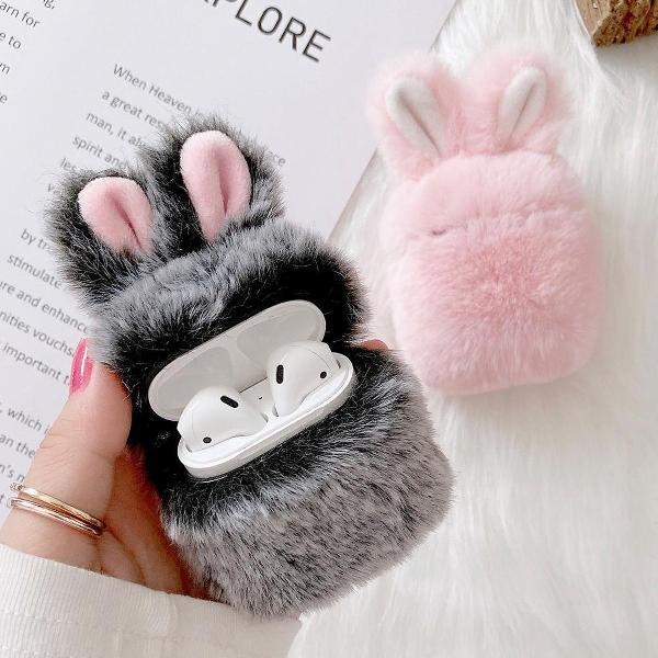 WiseGoods Luxe Airpods Case - Konijn Imitatie Bont Opberghoes - Bunny Oren - AirPods 2 Accessoires - Vrouwen / Meisjes - Grijs