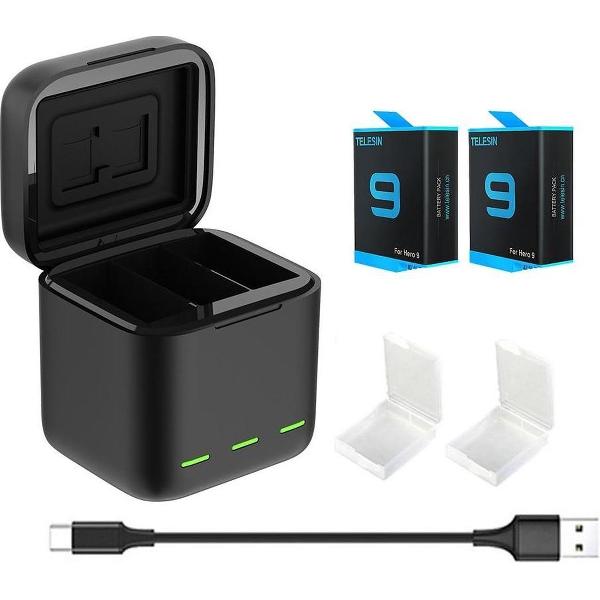 PRO SERIES Led Licht Batterij Oplader met Tf-Kaart Opslag + 2x Batterij 1750 mAh Geschikt voor GoPro Hero 9