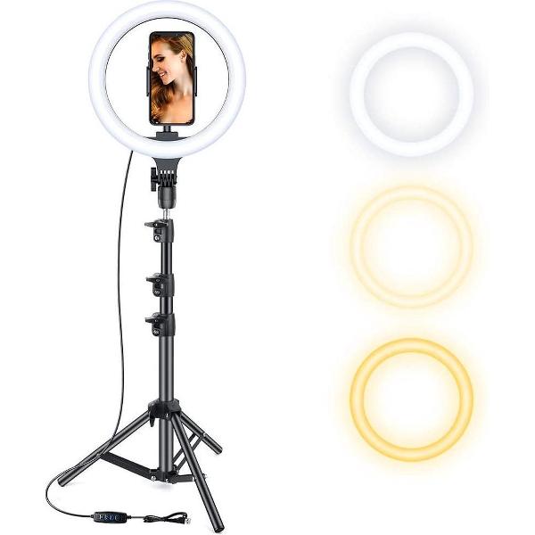 Ringlamp met Statief - Ringlight - Tiktok Lamp - In Hoogte Verstelbare Ring Lamp tot 200 cm - 10 inch / 26 cm diameter - 3 Lichtkleuren