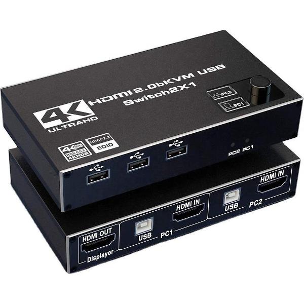 NÖRDIC KVM HDMI switch 4 in naar 4 uit - HDMI 4K60Hz, 3xUSB A 2.0 - 2xHDMI, 2x USB 2.0 type B - Zwart