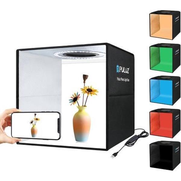 PULUZ 30cm opvouwbare draagbare ringverlichting Fotoverlichting Studio opnametent Box Kit met 6 kleuren achtergronden (zwart, wit, geel, rood, groen, blauw), uitvouwgrootte: 30cm x 30cm x 30cm (zwart)