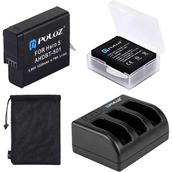 PULUZ 4 in 1 AHDBT-501 3.85V 1220mAh batterij + AHDBT-501 3-kanaals batterijoplader + netje opbergtas + batterij opbergdoos voor GoPro HERO5