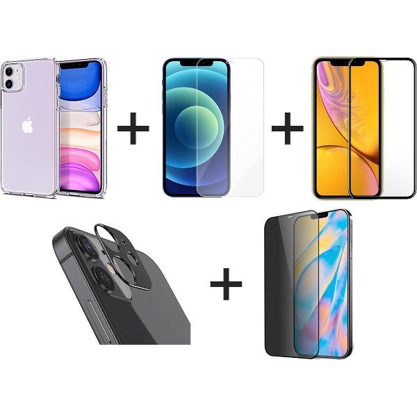 iPhone 12 Mini Hoesje COMBI DEAL - 1x Hoesje Siliconen Transparant - 1x Screen Protector - 1x Screenprotector Full Cover - 1x Privacy Screenprotector - 1x Camera Screen Protector