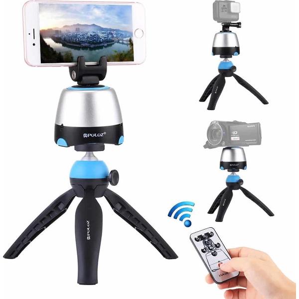 PULUZ Elektronische 360 ​​graden rotatie Panoramakop + statiefbevestiging + GoPro klem + telefoonklem met afstandsbediening voor smartphones, GoPro, DSLR-camera's (blauw)