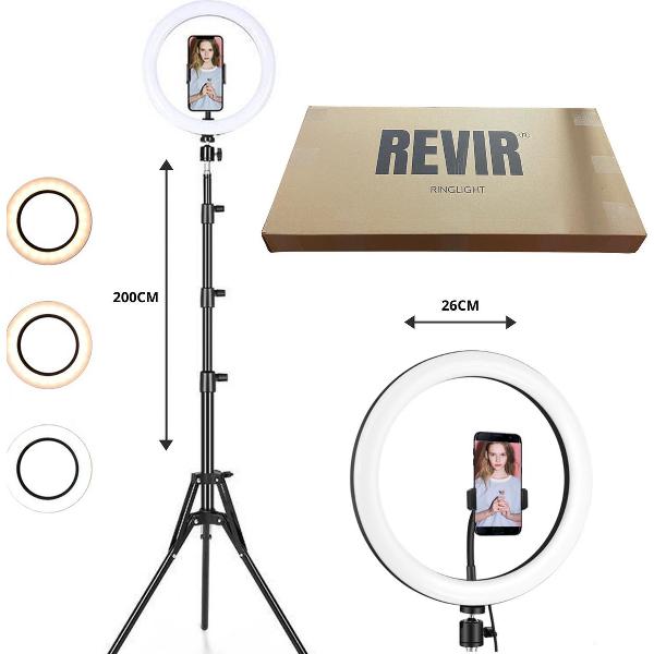 REVIR® LED Ringlamp met Statief 200 CM - Led Ringlamp USB - 10 inch/26 CM- 3 Lichtstanden - Tiktok / Ringlight / Studiolamp