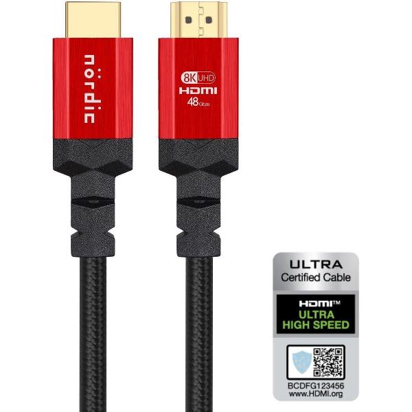 NÖRDIC HDMI-N1007 HDMI Ultra High Speed kabel - Gecertificeerd - 8K HDMI 2.1 - 50cm - Zwart/Rood