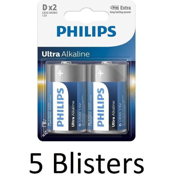 10 Stuks (5 Blisters a 2 st) Philips Ultra Alkaline D Cell Batterijen