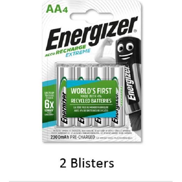 8 stuks (2 blisters a 4 stuks) Energizer Rechargeable AA 2300 mah Extreme Oplaadbaar