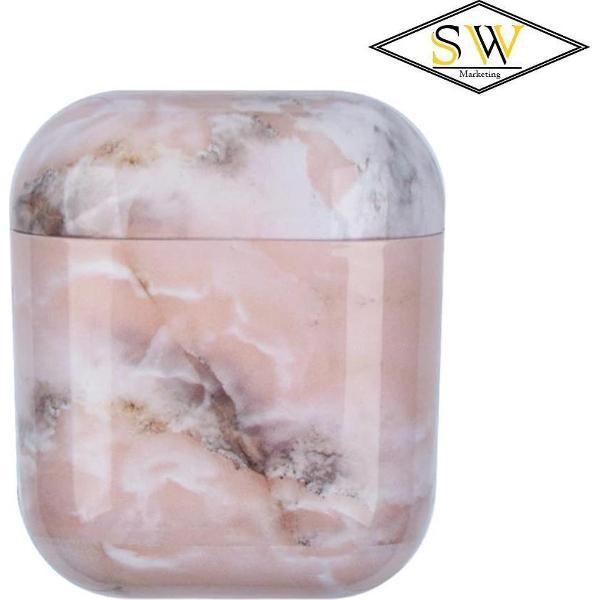 Marmeren Airpods case cover - Beschermhoesje - Roze - Voor versie 1 & 2 - Met gratis Dust guard sticker