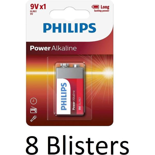8 Stuks (8 Blisters a 1 st) Philips Power Alkaline batterij 9V