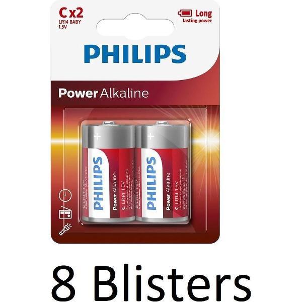 16 Stuks (8 Blisters a 2 st) batterij Power Alkaline C