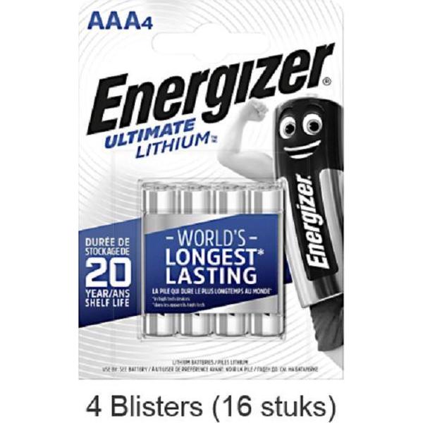 16 stuks (4 blisters a 4 stuks) Energizer AAA Ultimate Lithium 1.5V Micro LR03/FR3