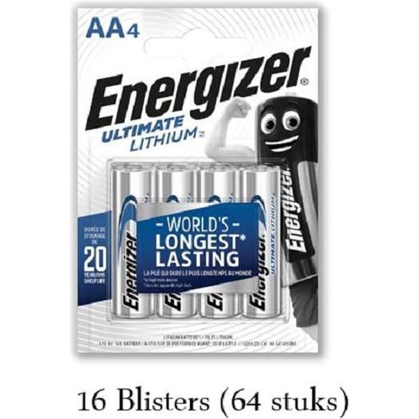 64 stuks (16 blisters a 4 stuks) Energizer Lithium AA/L91 1.5V 4pack