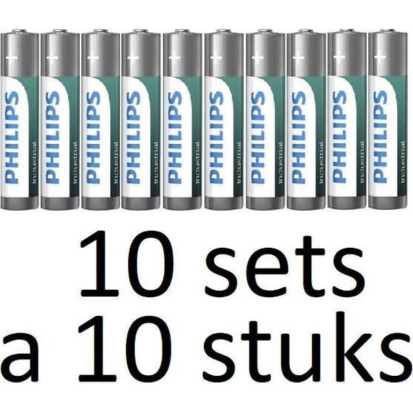 100 Stuks (10 Doosjes a 10 st) Philips Batterijen AAA Industrial Zilver/groen
