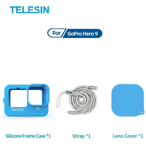 PRO SERIES Kit Anti-Shock Soft Silicone Case + Lens Cap + Handgreep Polsband Geschikt voor GoPro 9 - Blauw
