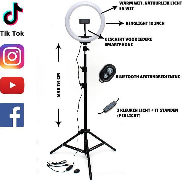 BixtoBix 10 inch LED Ringlamp -Smartphone Statief, -Afstandsbediening - Ringlight - TikTok - Teams en Zoom - Ring Light Lamp Statief