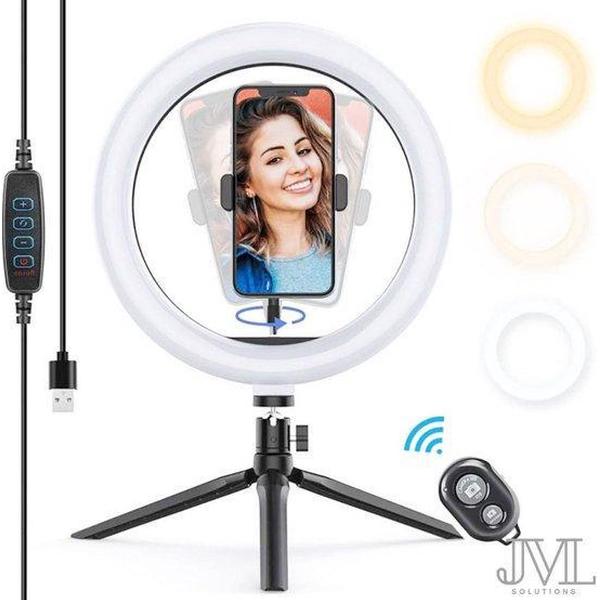 LED Ringlamp met Statief - Smartphone Houder - Bluetooth Afstandbediening - 26cm ⌀ - Zwart