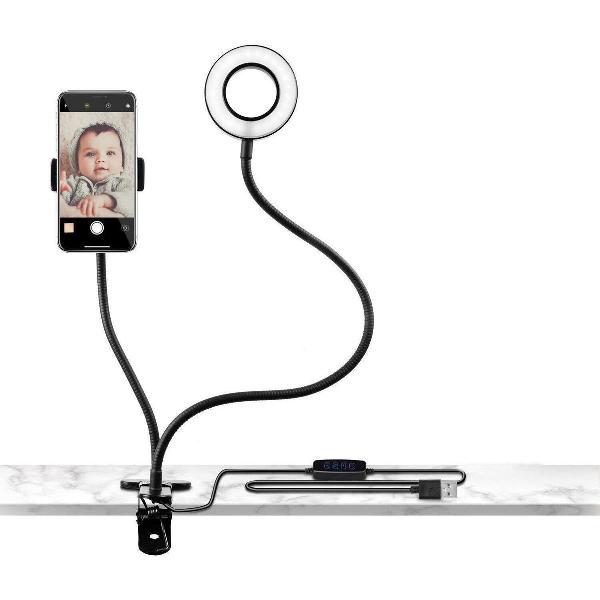 Telefoonstandaard met selfie lamp zwart - Ring lamp - Fotostudio - Camera statief - Selfie stick - Ring light - Beauty lamp