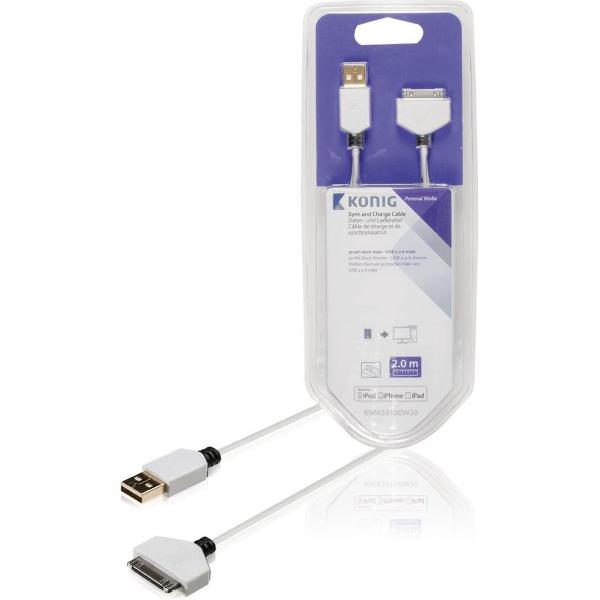 König KNM39100W20 Sync And Charge Kabel 30-pins Dock Male - Usb 2.0 A Male 2,00 M Wit