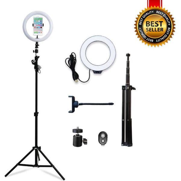 BrightGoods LED Ringlamp met Verstelbaar Statief (56 tot 160cm) - Inclusief Telefoonhouder en Bluetooth Afstandsbediening - TikTok Lamp - Selfie Ringlight voor TikTok / Instagram / Youtube - Make-Up Ring Light - Studio Ringlamp - Studiolamp