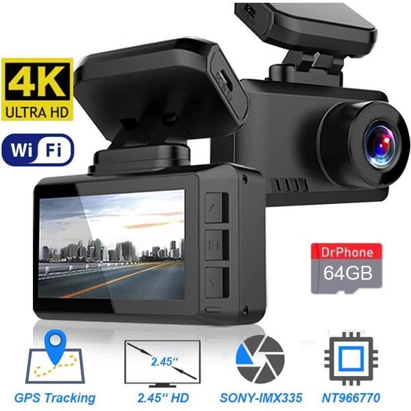 DrPhone Dashcam D07-B - 4K Ultra HD Dashcam – Parkeermonitor – Lens: SONY IMX 307 - G-Sensor Kijkhoek van 170 ° - Dashboard Camera met Nachtzicht – Wifi + Applicatie + 64 Micro SD