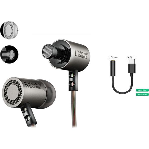 DrPhone 2 in 1 - KZ4 HiFi In-Ear - USB-C Hi-Res met BASS Oortjes - Oordoppen + DAC Adapter Type-C voor Android / Samsung - Grijs