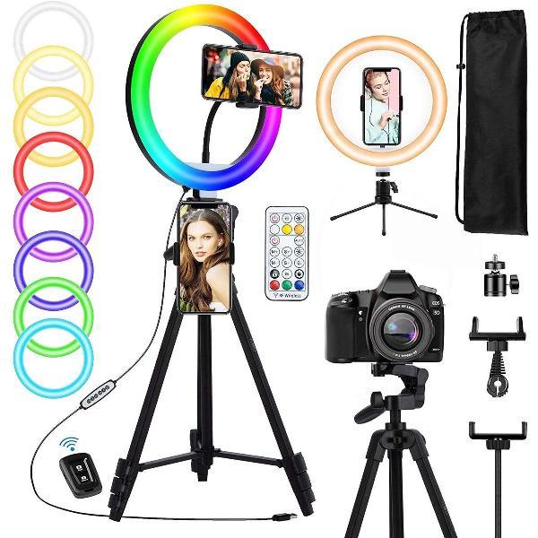Ringlamp | LED | Afstandsbediening | USB | 10 Inch | 10 Helderheidsniveaus | 15 Kleuren | 2 Telefoonhouders | Selfie Statief