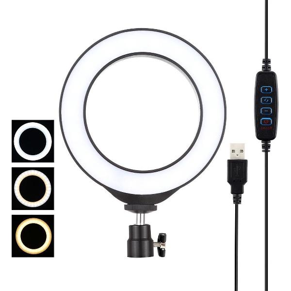 PULUZ 4.7 inch 12cm USB 3-standen Dimbare LED-ring Vlogging Fotografie Videolampen met koude schoen Statief Balhoofd (zwart)