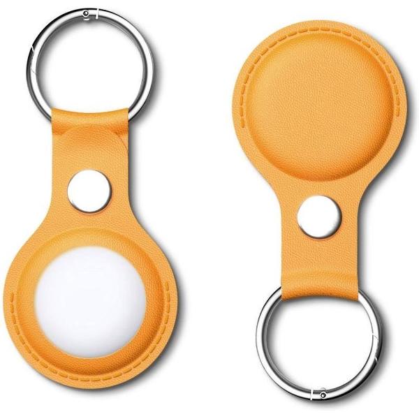 Apple AirTag Hoesje Kunst Lederen met Sleutelhanger Ring Geel
