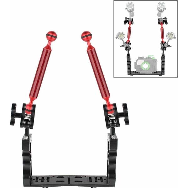 PULUZ aluminium handgreep met dubbele handgreep en stabilisator met 2 x dubbele bal van aluminiumlegering en 2 x 7 inch zwevende arm voor onderwatercamerabehuizingen (rood)