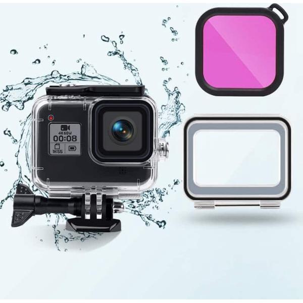 45m waterdichte behuizing + achterkant met aanraakscherm + kleurenlensfilter voor GoPro HERO8 zwart (paars)