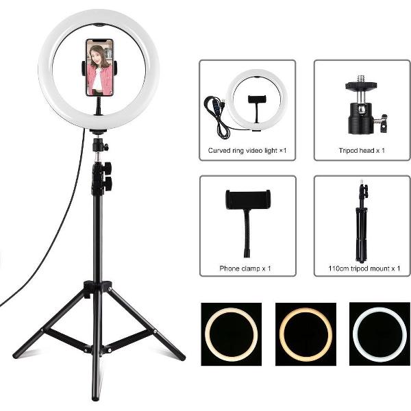 PULUZ 1,1 m statiefbevestiging +10,2 inch 26 cm USB 3 standen Dimbaar Dubbele kleurtemperatuur LED Gebogen diffuus lichtring Vlogging Selfie Fotografie Videolichten met telefoonklem (zwart)