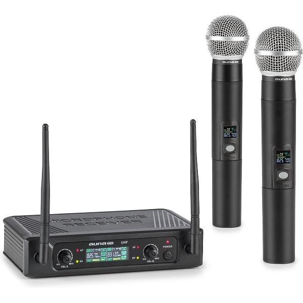 auna Pro UHF200F-2B 2-kanaals UHF-draadloze microfoonset receiver 2x handmicrofoon zwart