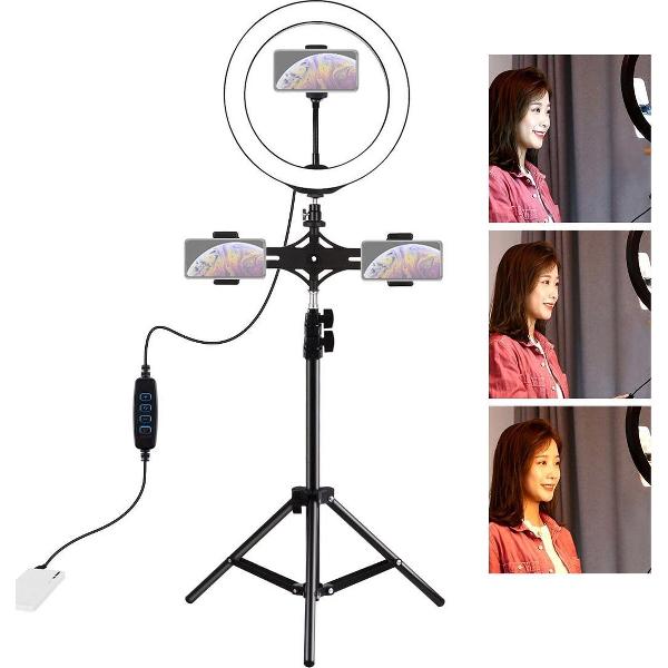 PULUZ dubbele telefoonbeugels horizontale houder + 1,1 m statiefbevestiging + 10 inch 26 cm LED-ring vloggen videolamp Live uitzendkits (zwart)