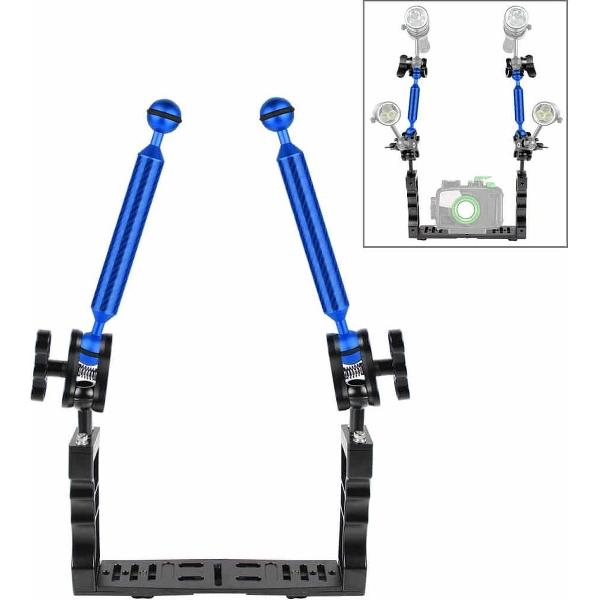 PULUZ aluminium hendel stabilisator met dubbele handgreep met 2 x dubbele bal aluminium klem en 2 x 7 inch zwevende arm voor onderwatercamerabehuizingen (blauw)