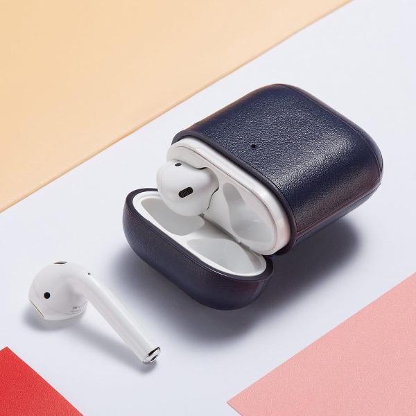 Echt lederen oortelefoon beschermhoes voor Apple AirPods 1/2 (blauw)