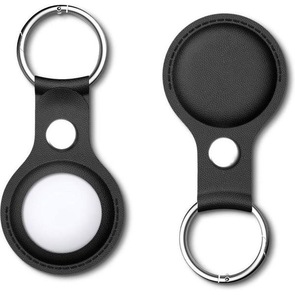 Apple AirTag Hoesje Kunst Lederen met Sleutelhanger Ring Zwart